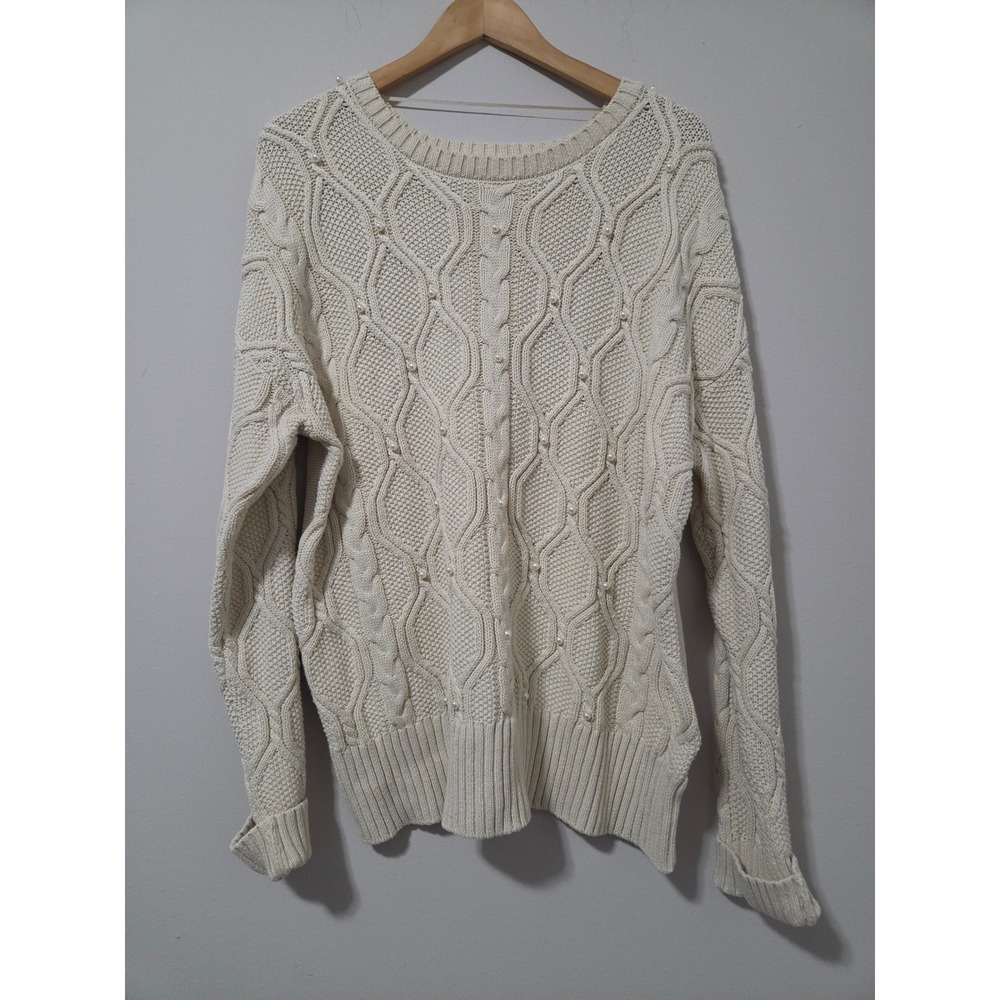 Crown & Ivy Womens Cream Pearl Embellished Cable‎ Knit Sweater Ivory Size Medium
